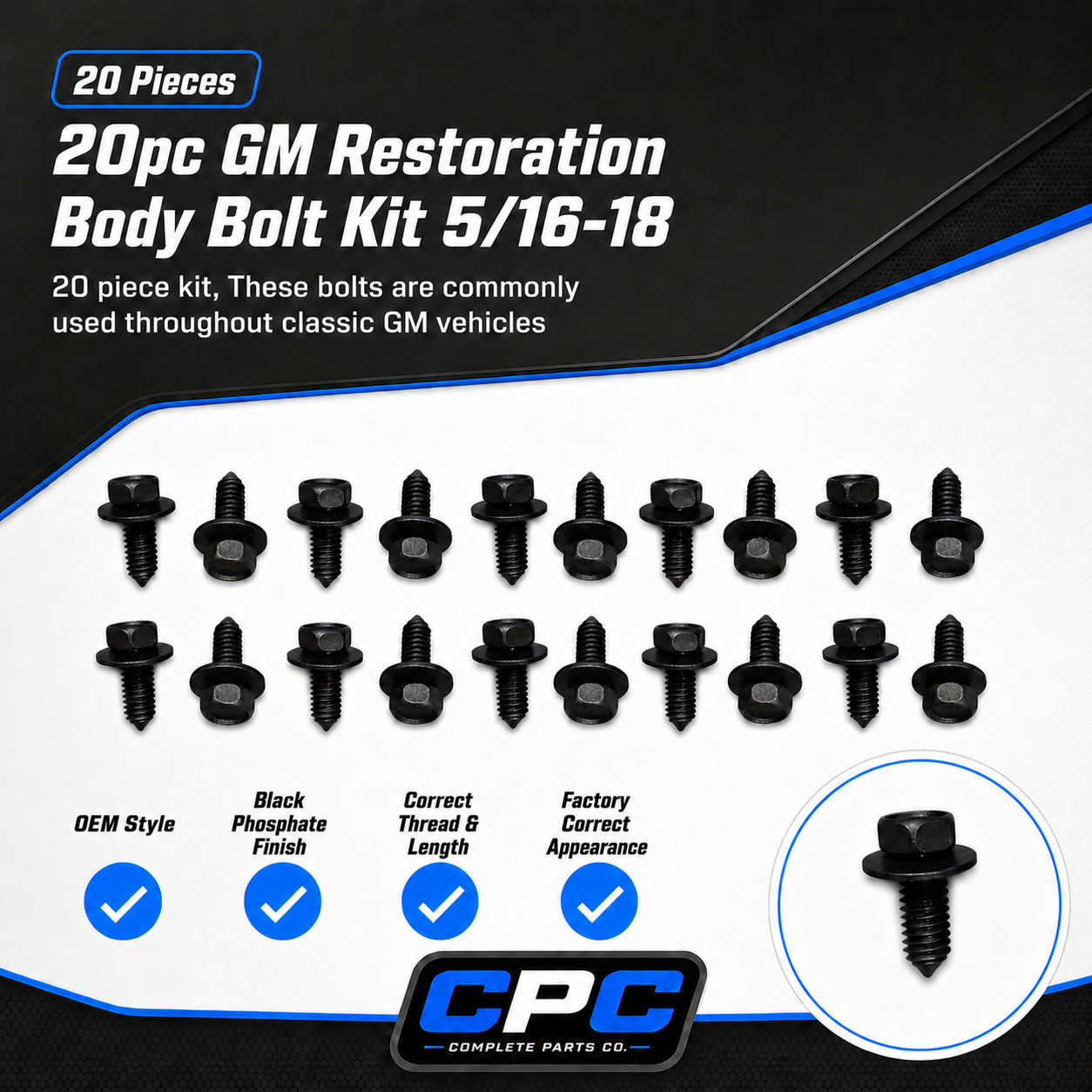 20pc GM Restoration Body Bolts 5/16-18 GMC Fender Engine Bay Hardware