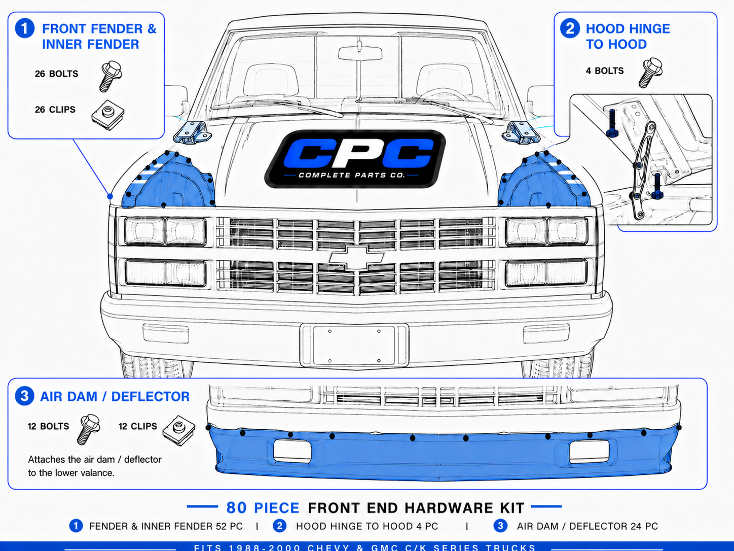 1988-1998 GMC Sierra C2500 OBS Fender Wheelhouse Hood Air Dam Bolt Clip Kit 80pc